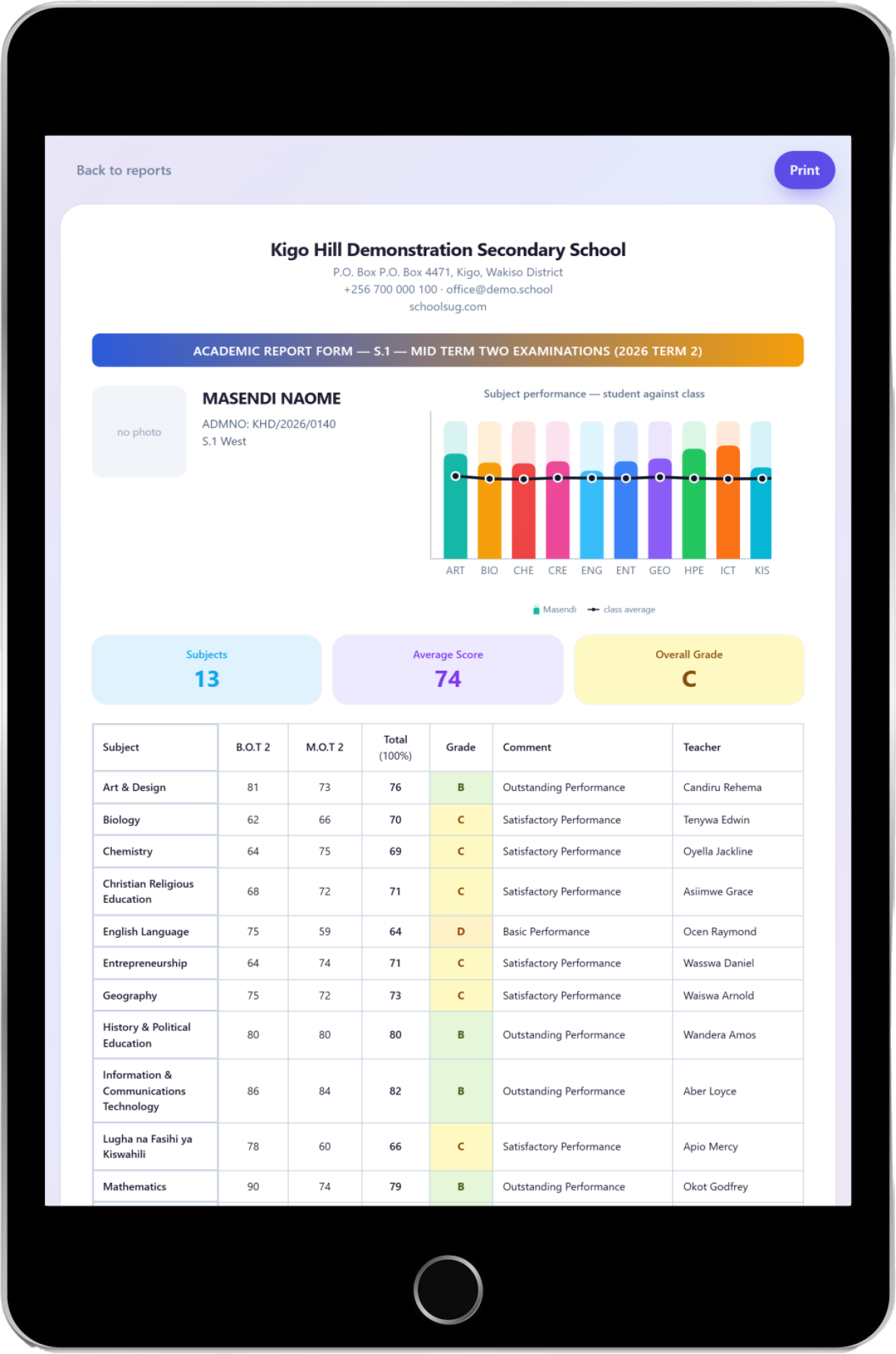 A term's report card on a tablet: every subject, the grade, and the teacher's remark.