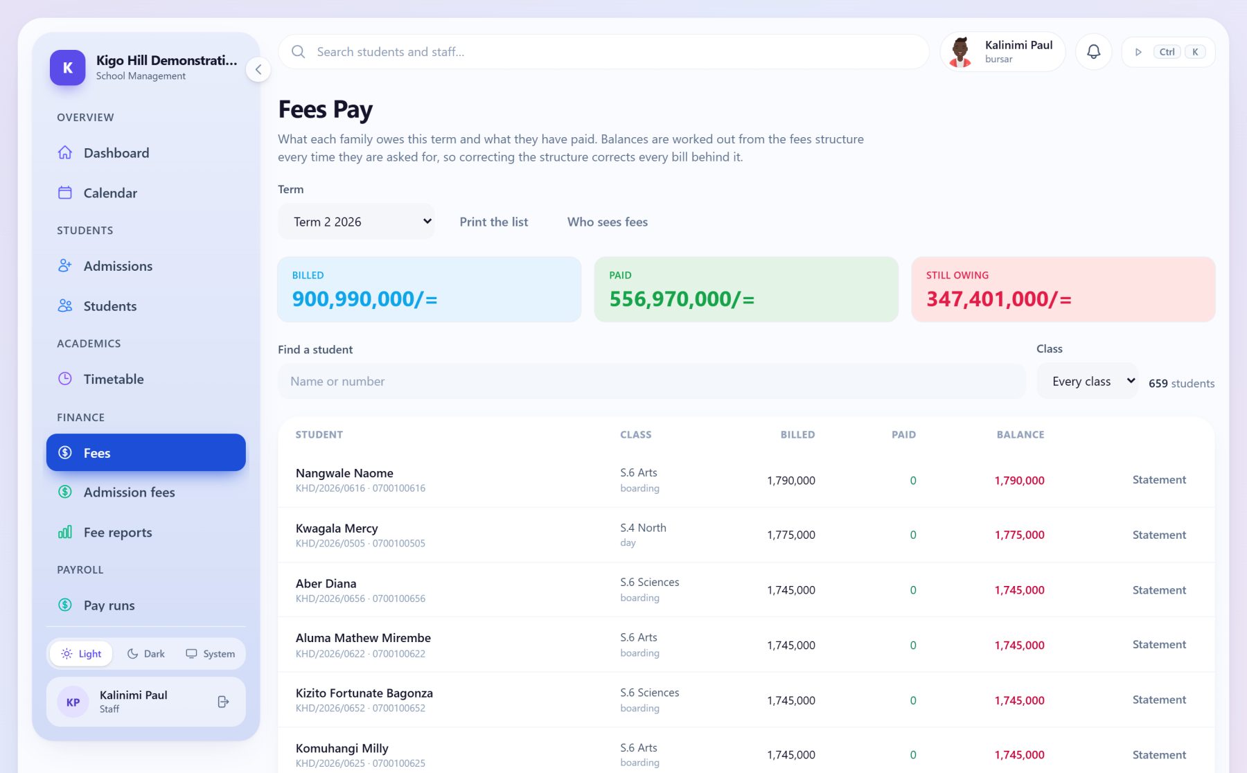 The fees screen: billed, paid and still owing, with a statement for each family.