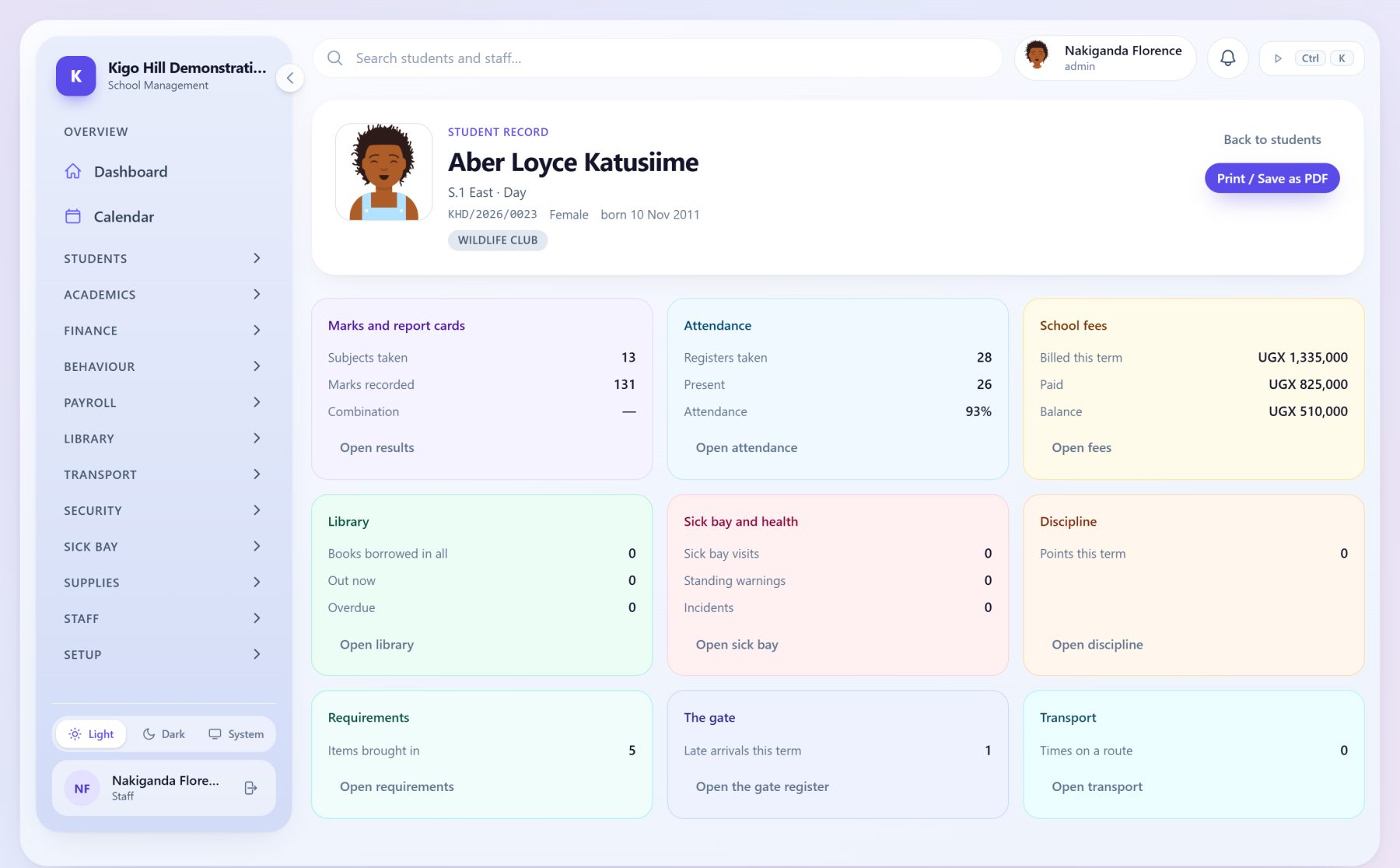 One student's record: marks, fees, attendance, the sick bay and the library on one screen.